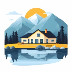 Idyllic Mountain Cabin Illustration: A Peaceful Retreat Amidst Stunning Nature and Scenic Reflections