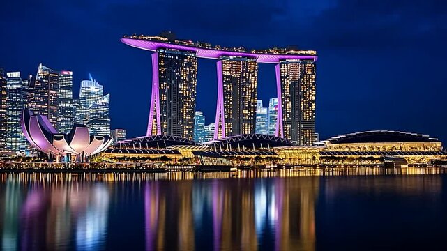 Stunning night view of Singapore's skyline featuring Marina Bay Sands and waterfront reflections