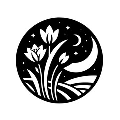 Night Bloom: Monochrome Floral Circle, Stars, Moon