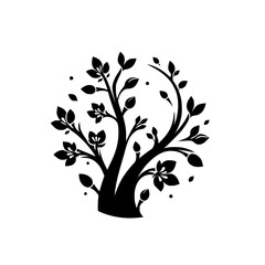 Silhouette Tree with Leaves & Dots, Minimalist Design on White