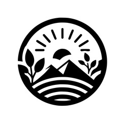 Obraz premium Minimalist Nature Emblem: Sunrise Over Mountains with Foliage - Vector Illustration