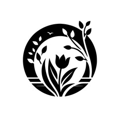 Elegant Black & White Floral Logo: Tulip & Nature in Circle