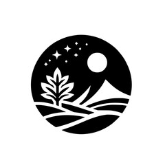 Black & White Landscape Circle Logo: Tree, Moon, Stars