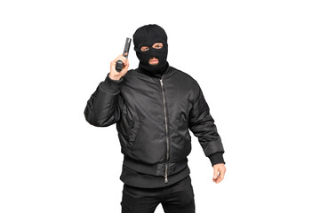Violent criminal in balaclava holding pistol on white background
