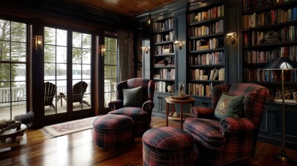 Classic country library with built-in shelves and tartan arm chairs Lake side deck lounge with Adirondack chairs and ambient lighting  