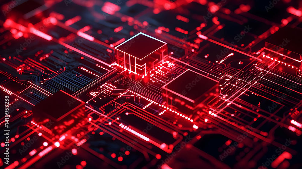 Aufkleber abstract red circuit board design with glowing lines