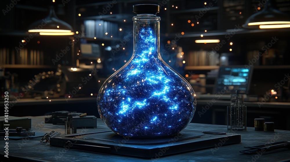 Poster glowing blue nebula contained in glass lab flask on a workbench background
