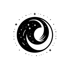 Celestial Crescent and Stars, Black and White Minimalist Design