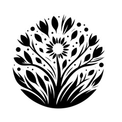 Minimalist Black and White Floral Illustration, Circle Design