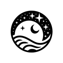 Celestial Night Sea Circle Illustration, Minimalist Design