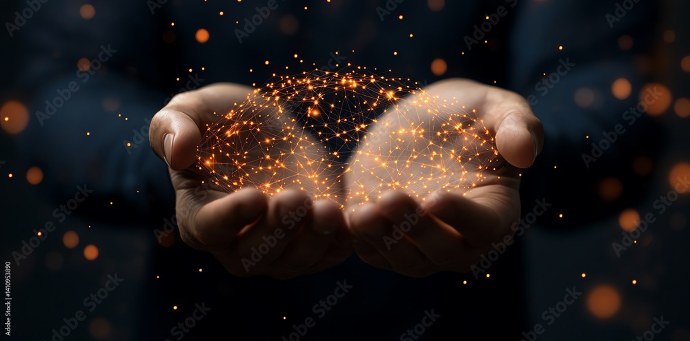 Aufkleber a person's hands gently cradle a glowing sphere of interconnected nodes, symbolizing global networki