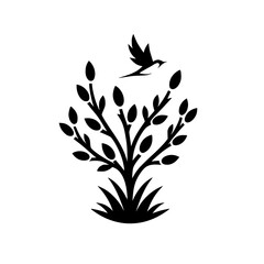 Minimalist Silhouette: Tree & Bird Illustration on White