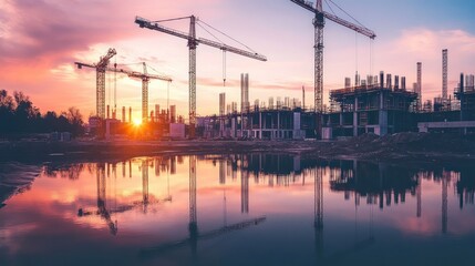 Construction site at sunset, reflected in water