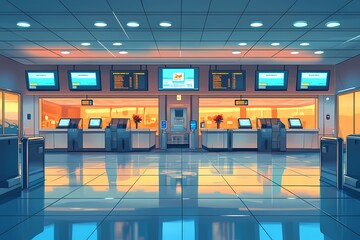 Modern Airport Terminal Check-In Counters. Efficiency and Convenience in Spacious Interior Travel Hub with Vibrant Blue Ambient Lighting