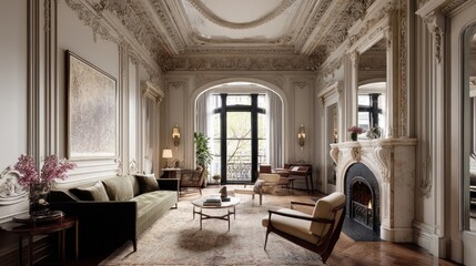 Classic New York brownstone interior with fireplace and crown moldings  