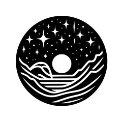 Cosmic Ocean Silhouette: Moon, Stars, and Waves, Vector Illustration