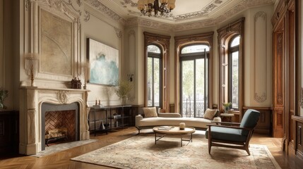 Classic New York brownstone interior with fireplace and crown moldings  