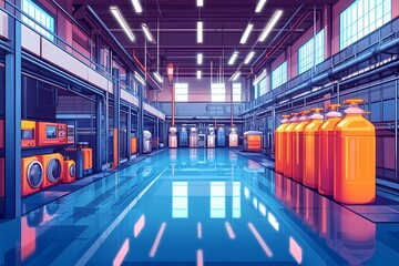 Fototapeta premium Modern Industrial Factory Interior. Vibrant Spaces with Advanced Equipment and Symmetrical Design