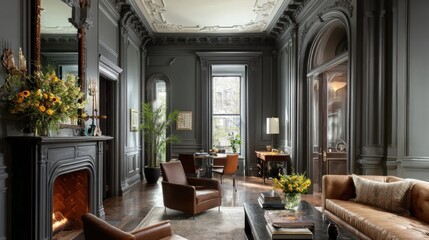 Classic New York brownstone interior with fireplace and crown moldings  