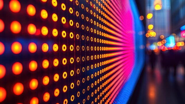 Glowing LED panel displays vibrant colors, with blurry background of city night lights