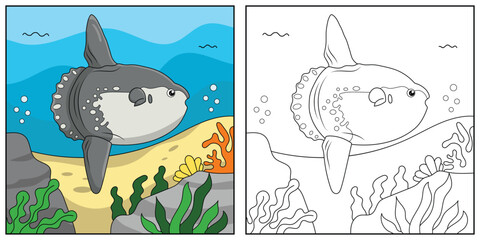 cute cartoon sunfish, funny illustration, coloring book for kids and children.