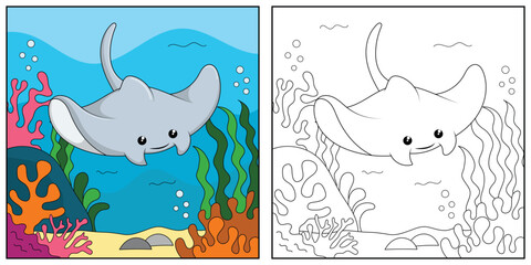 cute cartoon manta, funny illustration, coloring book for kids and children.