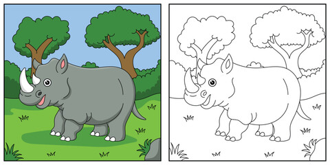 cute cartoon dinosaur Rhinocerus, funny illustration, coloring book for kids and children.