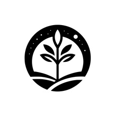 Minimalist Nature Logo: Plant Under Stars - Black and White Design
