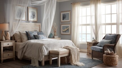 Coastal-themed bedroom with whitewashed furniture, sea-inspired decor, and sheer curtains 