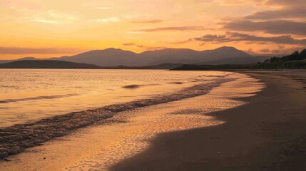 Tranquil twilight scenery featuring a serene beach and distant mountains