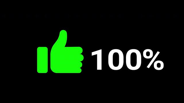 Minimalistic thumb up animation featuring a progressive green fill, symbolizing positive feedback or stock growth reaching 100 percent, set against a bold black background for contrast