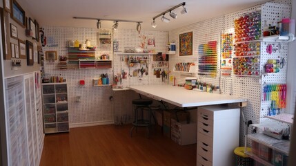 Colorful craft room with pegboards and folding work table 