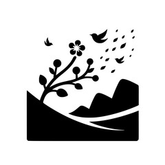 Black & White Silhouette:  Blooming Branch with Birds & Mountains