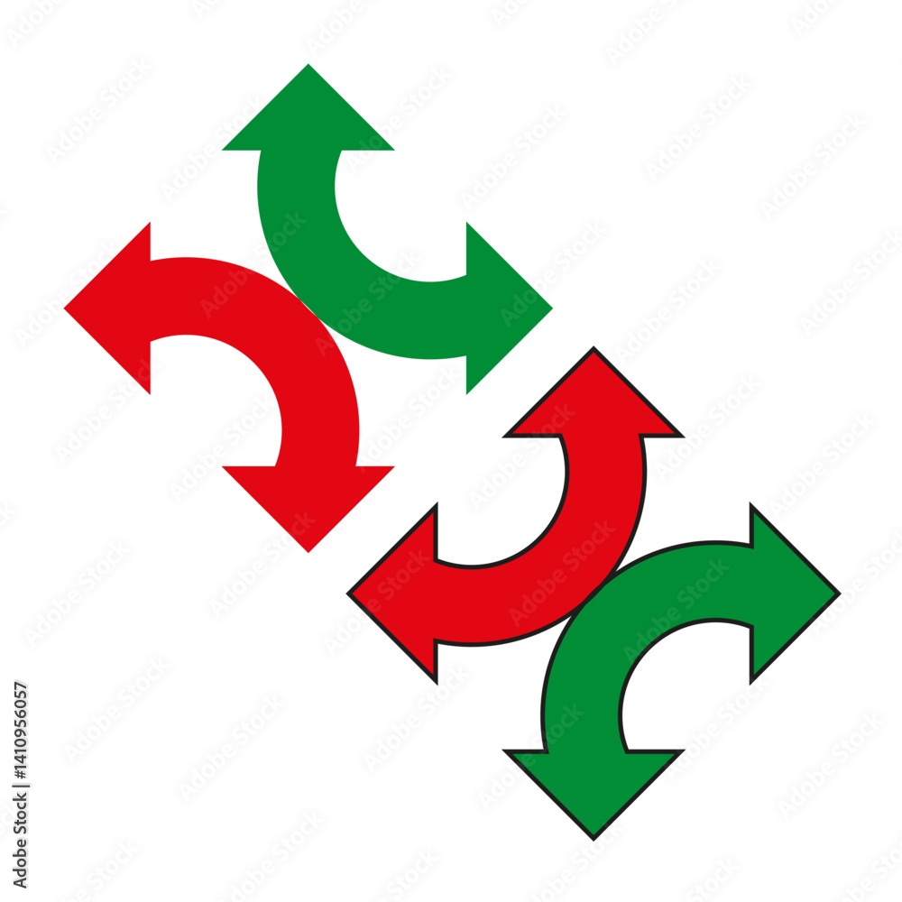 Poster curved arrow design. directional motion graphic. green red rotation. vector arrow icon.