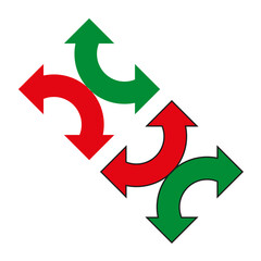 Curved arrow design. Directional motion graphic. Green red rotation. Vector arrow icon.