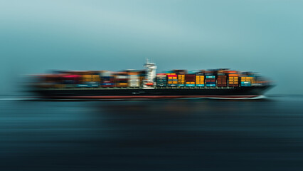 Motion blur of cargo ship with colorful containers moving fast across the ocean
