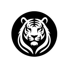 Bold Tiger Head Silhouette in Circle, Black and White Logo