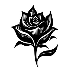 Black Rose Illustration: Linocut Style, Elegant Floral Design on White