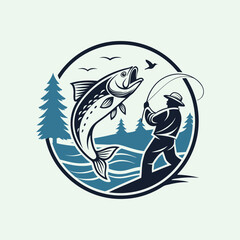 Retro Style Fishing Logo with Angler Catching Big Trout in Nature Scene.