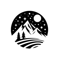 Obraz premium Black & White Mountain Night Scene Circle Logo