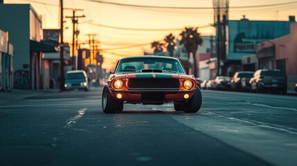 Classic American Muscle Car on a Sun-Kissed Urban Street at Golden Hour