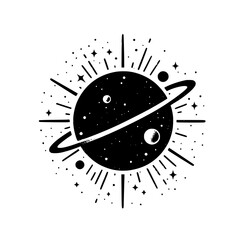 Cosmic Planet Illustration, Black and White Celestial Design