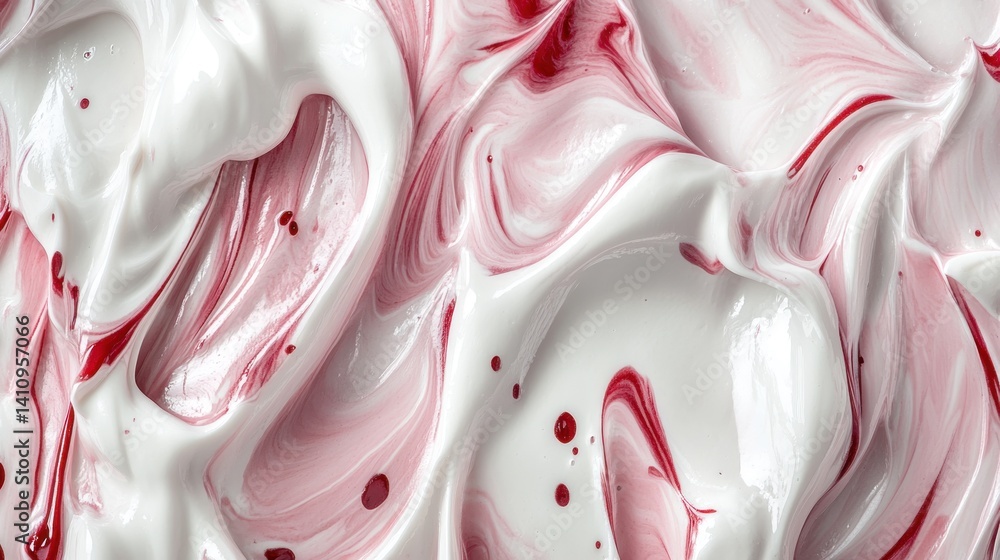 Poster abstract swirls of white and red paint create a textured surface.