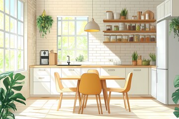 Modern Kitchen Interior Design. Bright and Cozy Decor with Wood Furniture, Countertop in Open Space with Sunlit Greenery - Aesthetic Functional Area