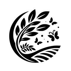 Minimalist Nature Logo: Tree Branch, Leaves, Butterflies, & Circle Design