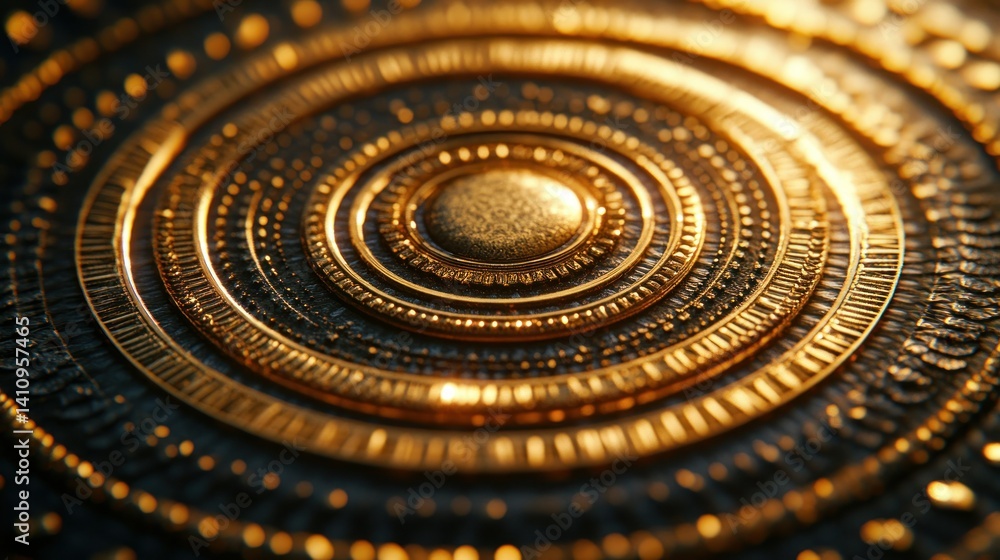 Aufkleber golden concentric circles with intricate details and texture on a dark surface