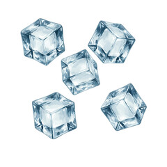Sparkling ice cubes tumbling in a refreshing dance, capturing the chill of winter with translucent blue hues and sharp angles.