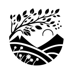 Black and White Nature Icon: Tree, Mountains, Landscape