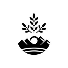 Minimalist Nature Logo: Mountains, Sun & Leaves Icon