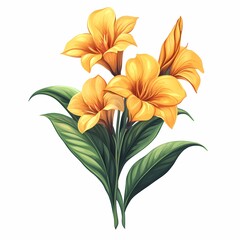 Beautiful Botanical Illustration of Yellow Flower with Green Leaves - Vibrant Floral Artwork for Spring Decor and Nature Lovers